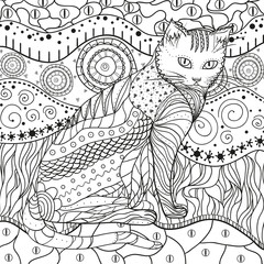 Hand drawn intricate texture with abstract patterns. Asian background with cat on isolated white. Illustration for coloring. Design for spiritual relaxation for adults