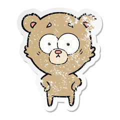 distressed sticker of a surprised bear cartoon