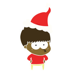 nervous flat color illustration of a boy wearing santa hat