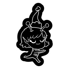 smiling alien girl cartoon icon of a running wearing santa hat