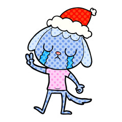 cute comic book style illustration of a dog crying wearing santa hat