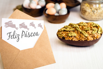 envelope with space for text, background image for photo editing. Envelope on table in kitchen.