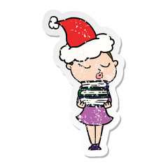 distressed sticker cartoon of a calm woman wearing santa hat