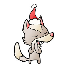 gradient cartoon of a wolf laughing wearing santa hat