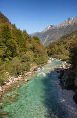 Fototapeta na wymiar Emerald turquoise transparent water of Soca river in a sunny day, in Soca Valley, Slovenia