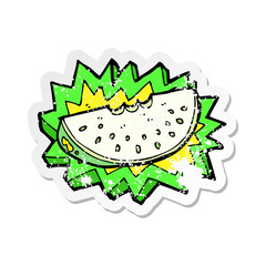 retro distressed sticker of a cartoon melon slice