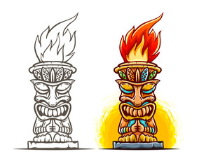 Tiki traditional hawaiian tribal mask with human face and burning fire. Wooden totem symbol, god from ancient culture of Hawaii. Hand drawn in cartoon style, isolated on white. Eps10 illustration.