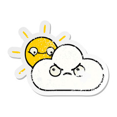 distressed sticker of a cute cartoon sunshine and cloud