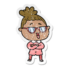 Fototapeta premium distressed sticker of a cartoon happy woman wearing spectacles