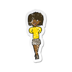 retro distressed sticker of a cartoon happy woman