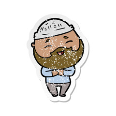 distressed sticker of a cartoon happy bearded man