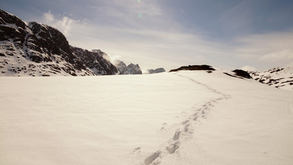 Long Distance Snow Hiking on the Arctic Circle Trail in Greenland near Kangerlussuaq, Greenland.