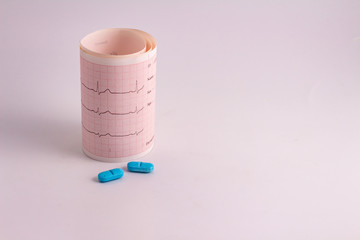 Electrocardiogram paper roll with the heart beat next to two colored pills. You can read the words sex, age, name, ID and unconfirmed.