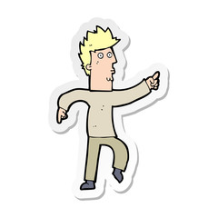 sticker of a cartoon worried man pointing