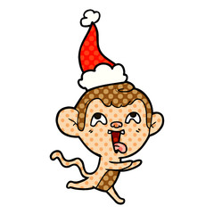 crazy comic book style illustration of a monkey running wearing santa hat