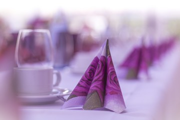 Beautiful purple napkins in row on a table from catering. High class arrangement for e.g. a wedding, birthday or business meeting