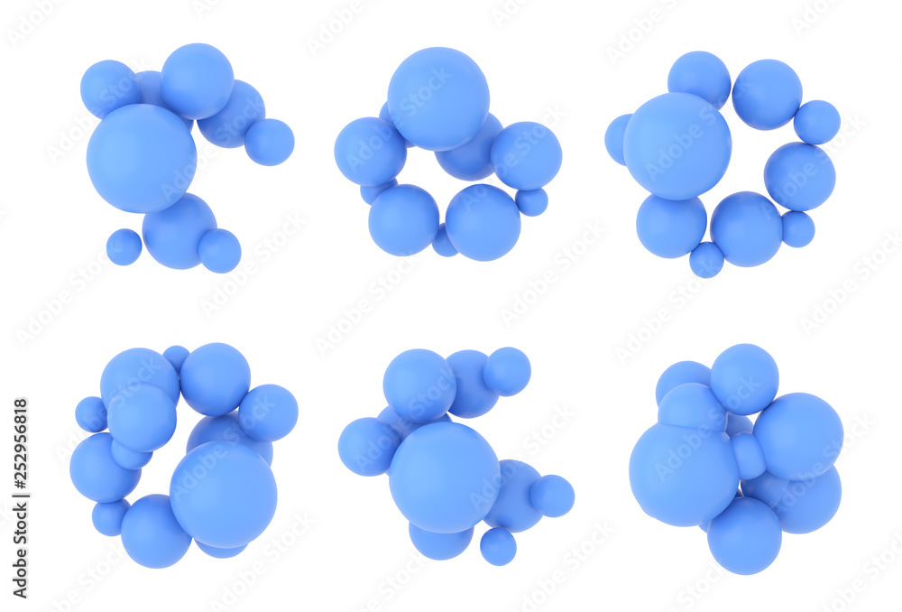 Poster 3d rendering of different spheres isolated on white background. circle abstract frames templates wit