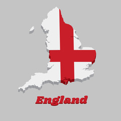 3D Map outline and flag of England, it is a red centred cross on a white background.