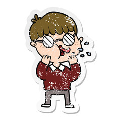 distressed sticker of a cartoon boy wearing spectacles