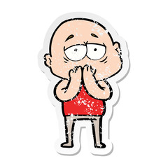distressed sticker of a cartoon tired bald man