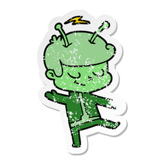 distressed sticker of a friendly cartoon spaceman dancing
