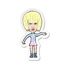 retro distressed sticker of a cartoon woman waving away