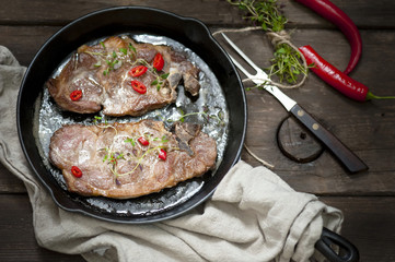 Grilled pork chop, top view