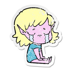 distressed sticker of a cartoon crying elf girl