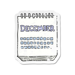 retro distressed sticker of a cartoon calendar showing month of December