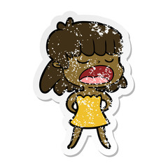 distressed sticker of a cartoon woman talking loudly