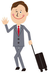 ポップな中年のグレーのスーツのビジネスマン 出張