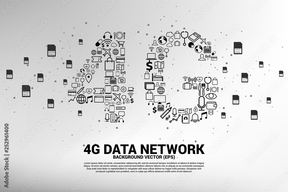 Poster Vector Polygon dot connect line shaped 4G mobile network with function icon. Concept for telecommunication and mobile phone technology.