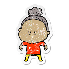 distressed sticker of a cartoon happy old woman