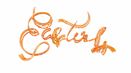 Happy Easter background with made juicy liquid orange splash. Invitation realistic 3d illustration greeting card, ad, promotion, poster, flyer, web-banner, article, social media