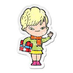 distressed sticker of a cartoon happy woman