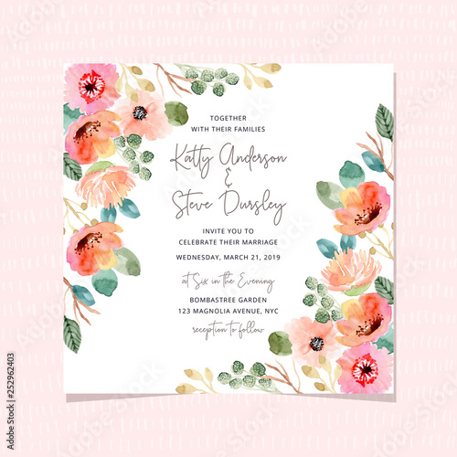 wedding invitation with beautiful watercolor floral frame