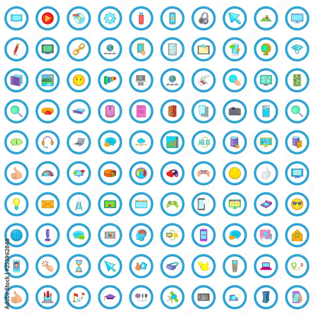 Poster 100 computer network icons set in cartoon style for any design vector illustration