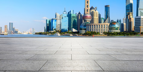 Obraz premium Shanghai Lujiazui financial district city scenery and empty square ground