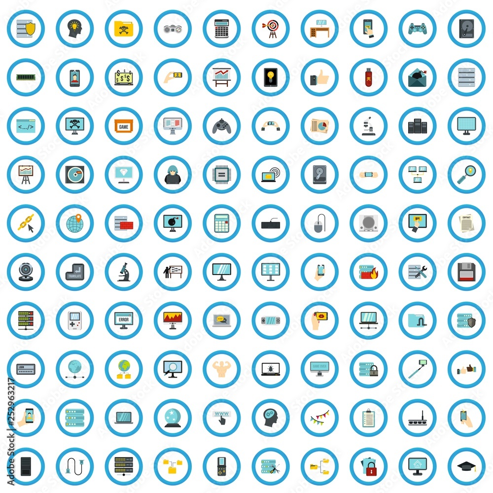 Poster 100 computer review icons set in flat style for any design vector illustration