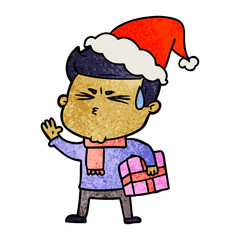 textured cartoon of a man sweating wearing santa hat