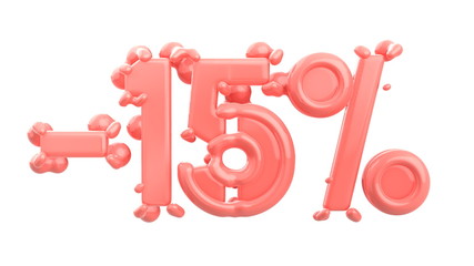 The sign -15off. Made of trendy pink material isolate on white background. 3d illustration