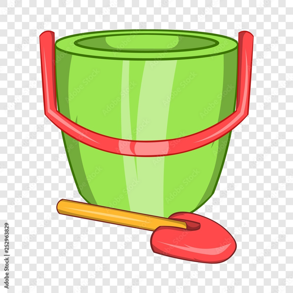 Poster children bucket with shovel icon in cartoon style isolated on background for any web design