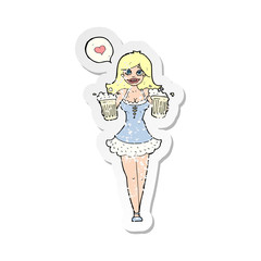 retro distressed sticker of a cartoon woman serving beer