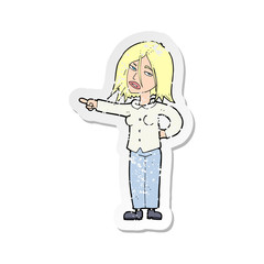 retro distressed sticker of a cartoon woman pointing