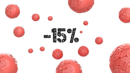 Fototapeta premium The sign -15off. Made of black glossy material and hi-tech spheres of trendy pink color around, isolate on white background. 3d illustration