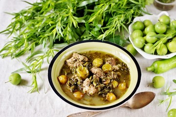 Meat stew with green plum  (tkemali) and greens. Georgian dish 