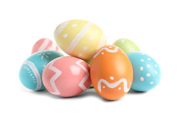 Fototapeta na wymiar Beautiful painted Easter eggs on white background