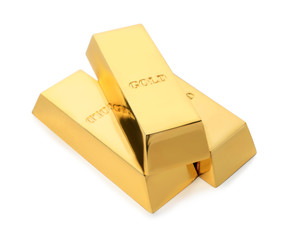 Precious shiny gold bars on white background