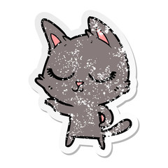 distressed sticker of a calm cartoon cat