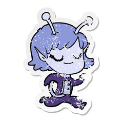 distressed sticker of a smiling alien girl cartoon